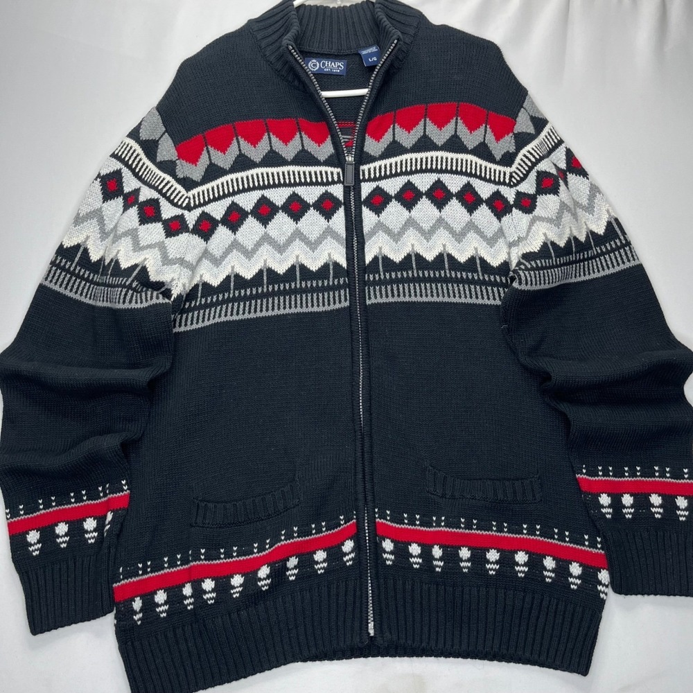 Chaps Sweater Full Zip Mens L Black Red Fair Isle Cotton Knit Mock Neck Cardy